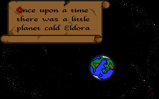 Original 1997 CaveRace story screen showing the planet Eldora