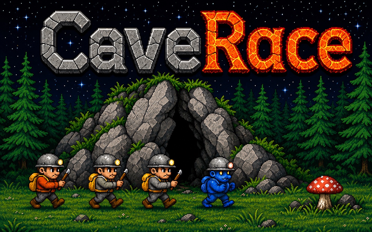 CaveRace miners facing an alien at the entrance to a cave https://caverace.com/assets/images/caverace-key-art.jpg
