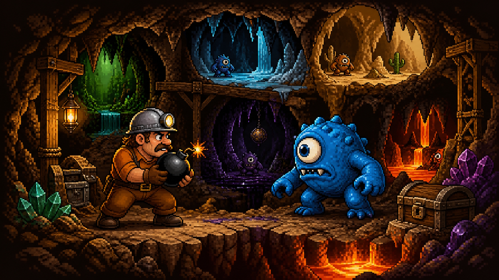 CaveRace miners facing an alien at the entrance to a cave https://caverace.com/assets/images/caverace1/hero.jpg