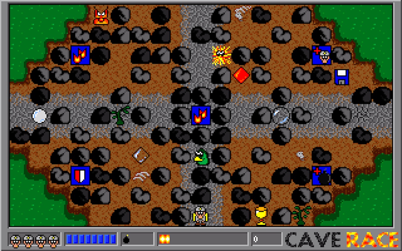 A CaveRace miner moving between boulders