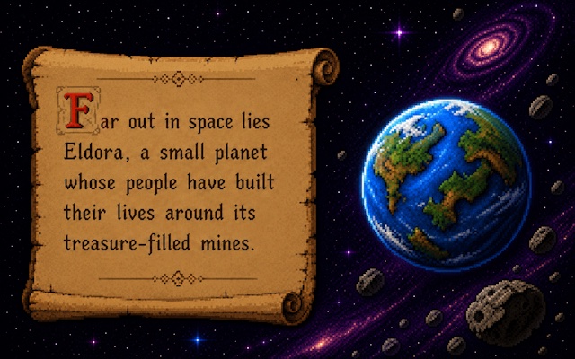 The CaveRace story screen showing the planet Eldora https://caverace.com/assets/images/story-origin.jpg